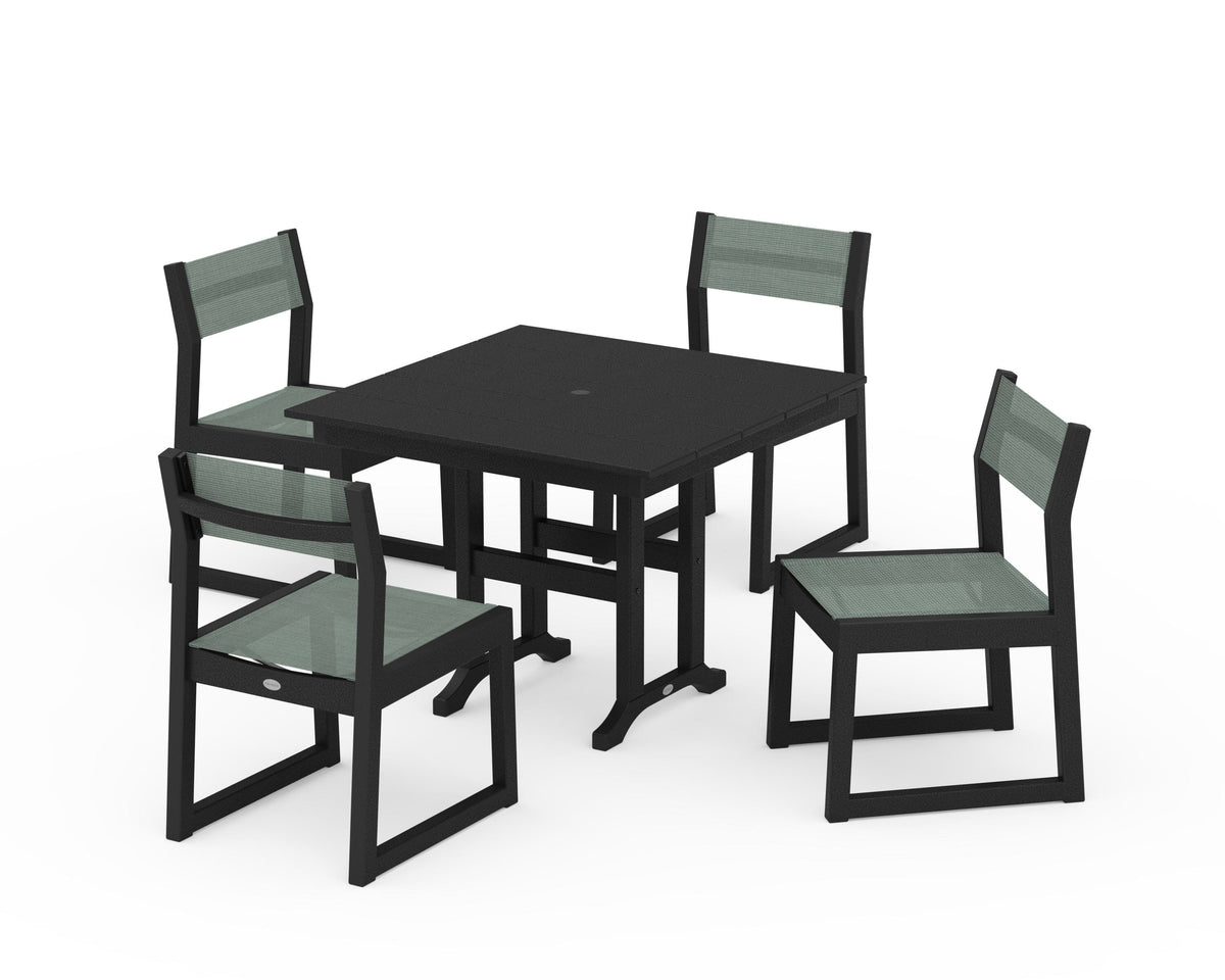 POLYWOOD EDGE Sling Side Chair 5-Piece Farmhouse Dining Set in Black / Dupioni Sea Mist