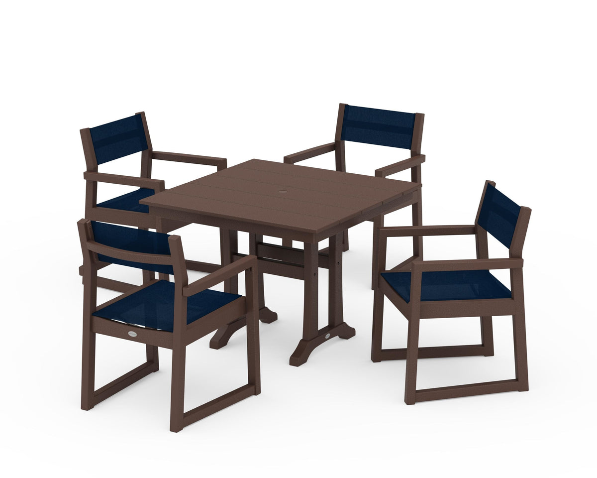 POLYWOOD EDGE Sling 5-Piece Farmhouse Dining Set with Trestle Legs in Mahogany / Navy Blue