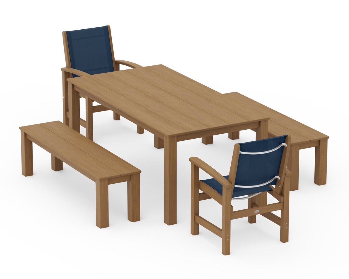 POLYWOOD Coastal 5-Piece Parsons Dining Set with Benches in Natural / Navy Blue