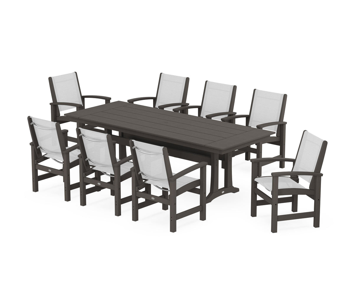 POLYWOOD Coastal 9-Piece Farmhouse Dining Set with Trestle Legs in Vintage Coffee / White
