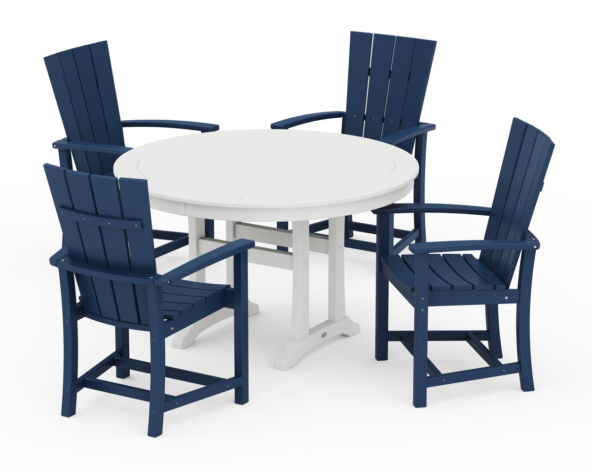 POLYWOOD Quattro 5-Piece Round Dining Set with Trestle Legs in Navy / White