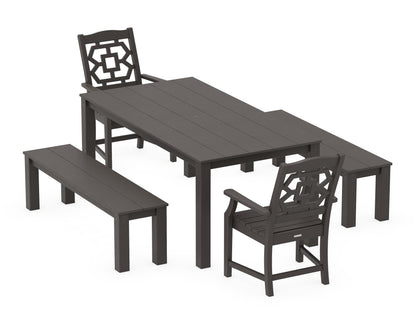 POLYWOOD Chinoiserie 5-Piece Parsons Dining Set with Benches in Vintage Coffee