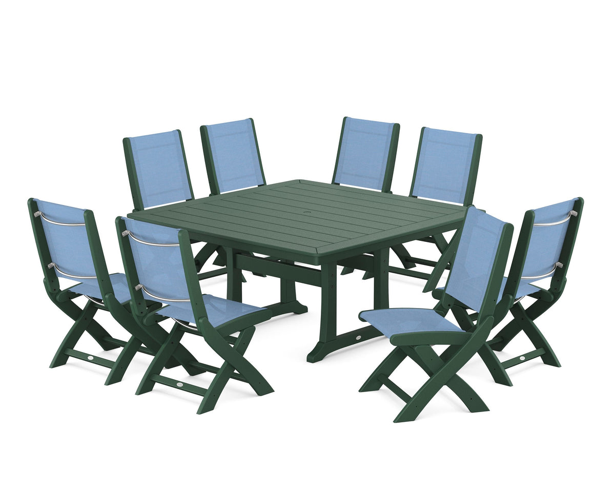 POLYWOOD Coastal Folding Side Chair 9-Piece Dining Set with Trestle Legs in Green / Poolside