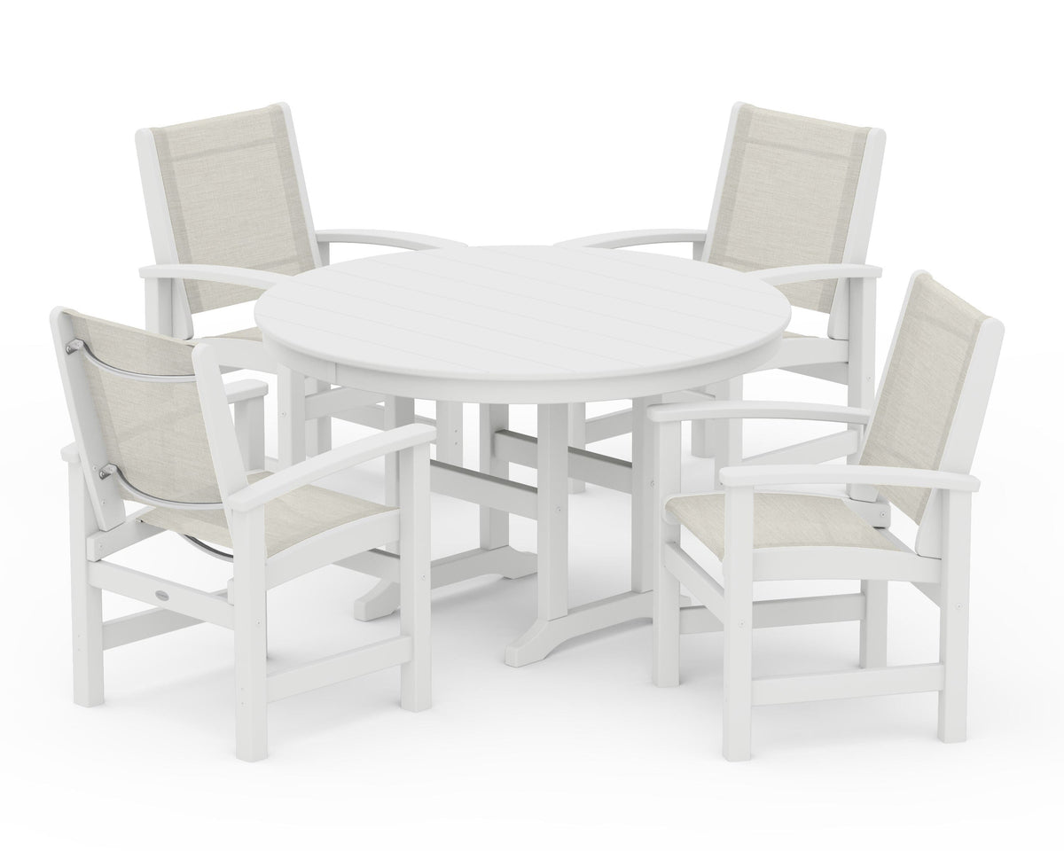 POLYWOOD Coastal 5-Piece Round Farmhouse Dining Set in White / Parchment