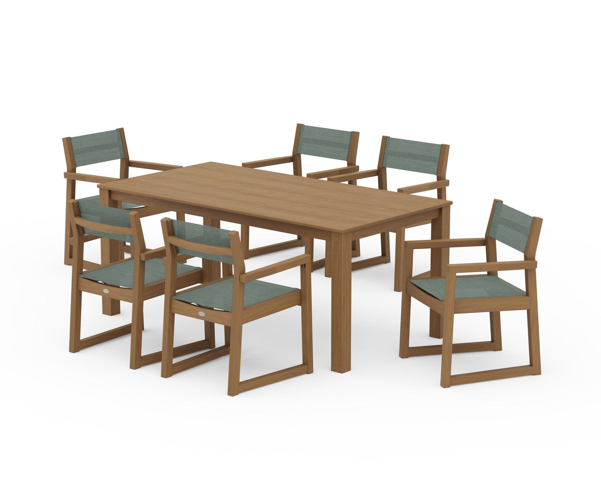 POLYWOOD EDGE Sling Arm Chair 7-Piece Parsons Dining Set in Natural / Dupioni Sea Mist