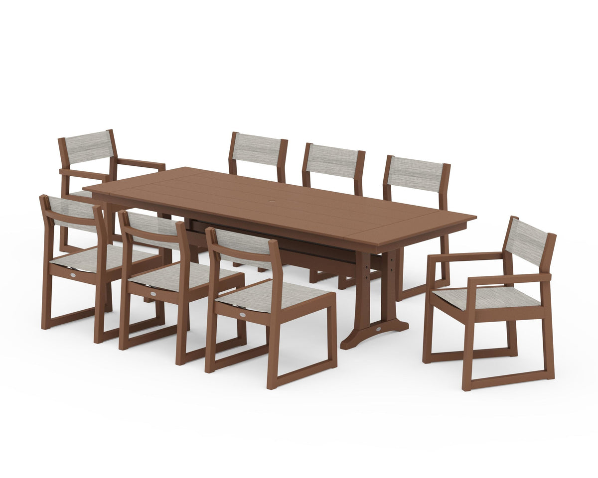 POLYWOOD EDGE Sling 9-Piece Farmhouse Trestle Dining Set in Teak / Birch