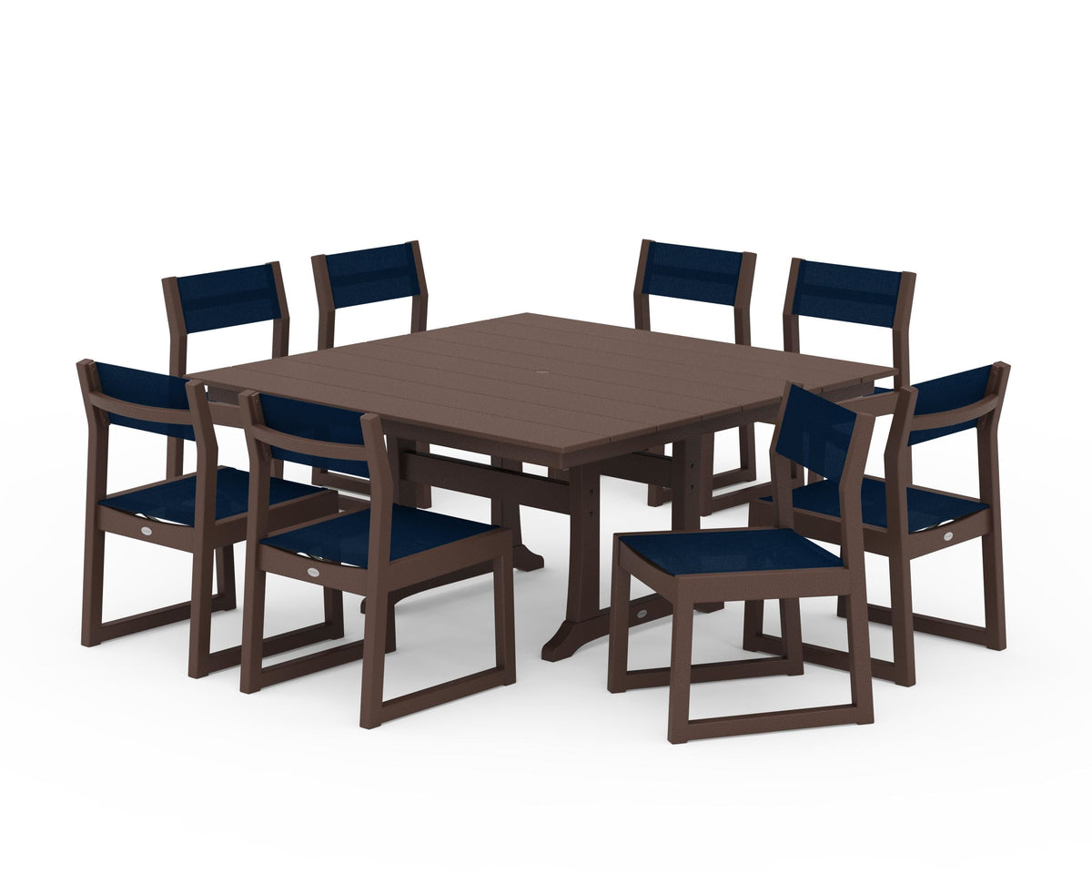 POLYWOOD EDGE Sling Side Chair 9-Piece Farmhouse Trestle Dining Set in Mahogany / Navy Blue