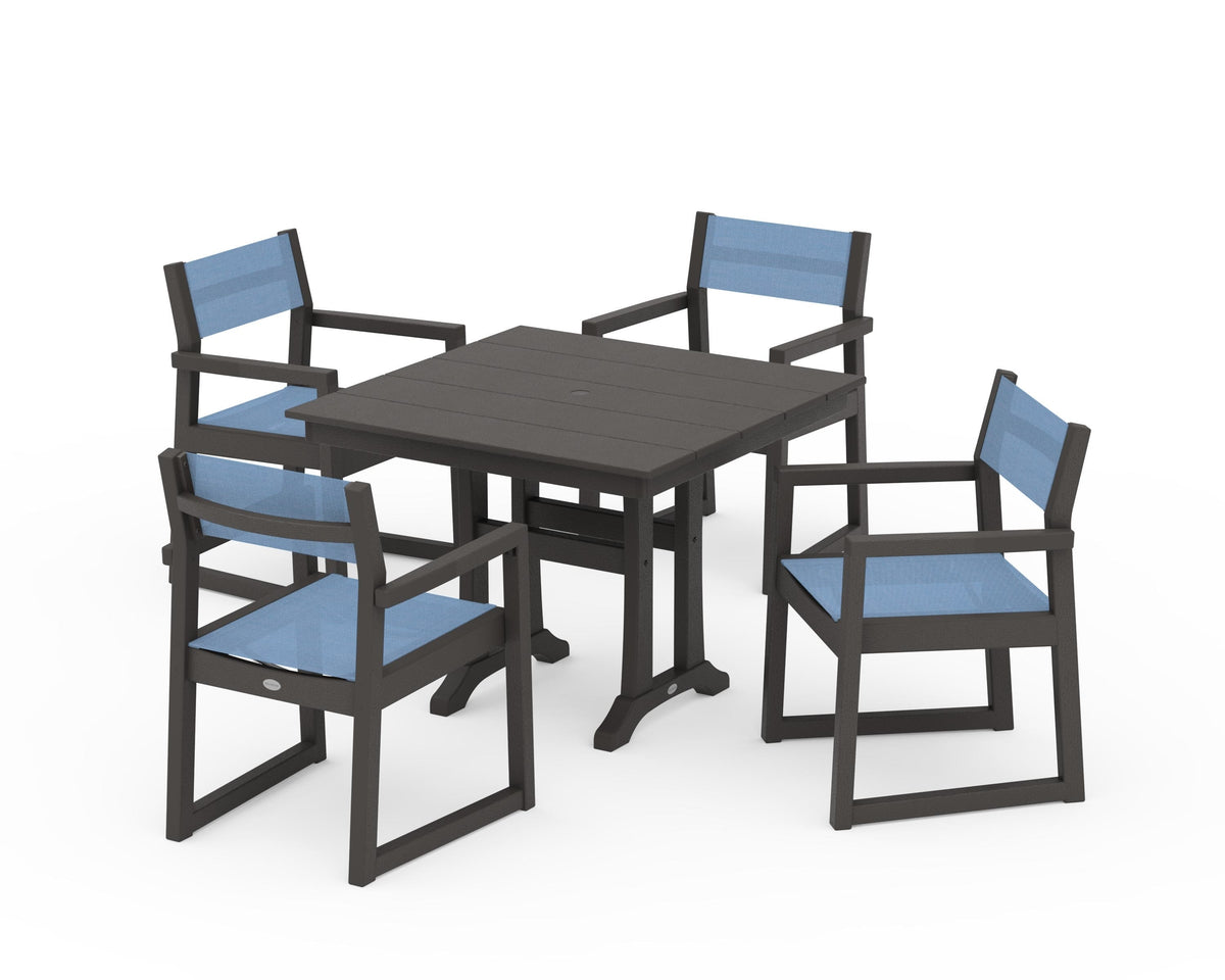 POLYWOOD EDGE Sling 5-Piece Farmhouse Dining Set with Trestle Legs in Vintage Coffee / Poolside