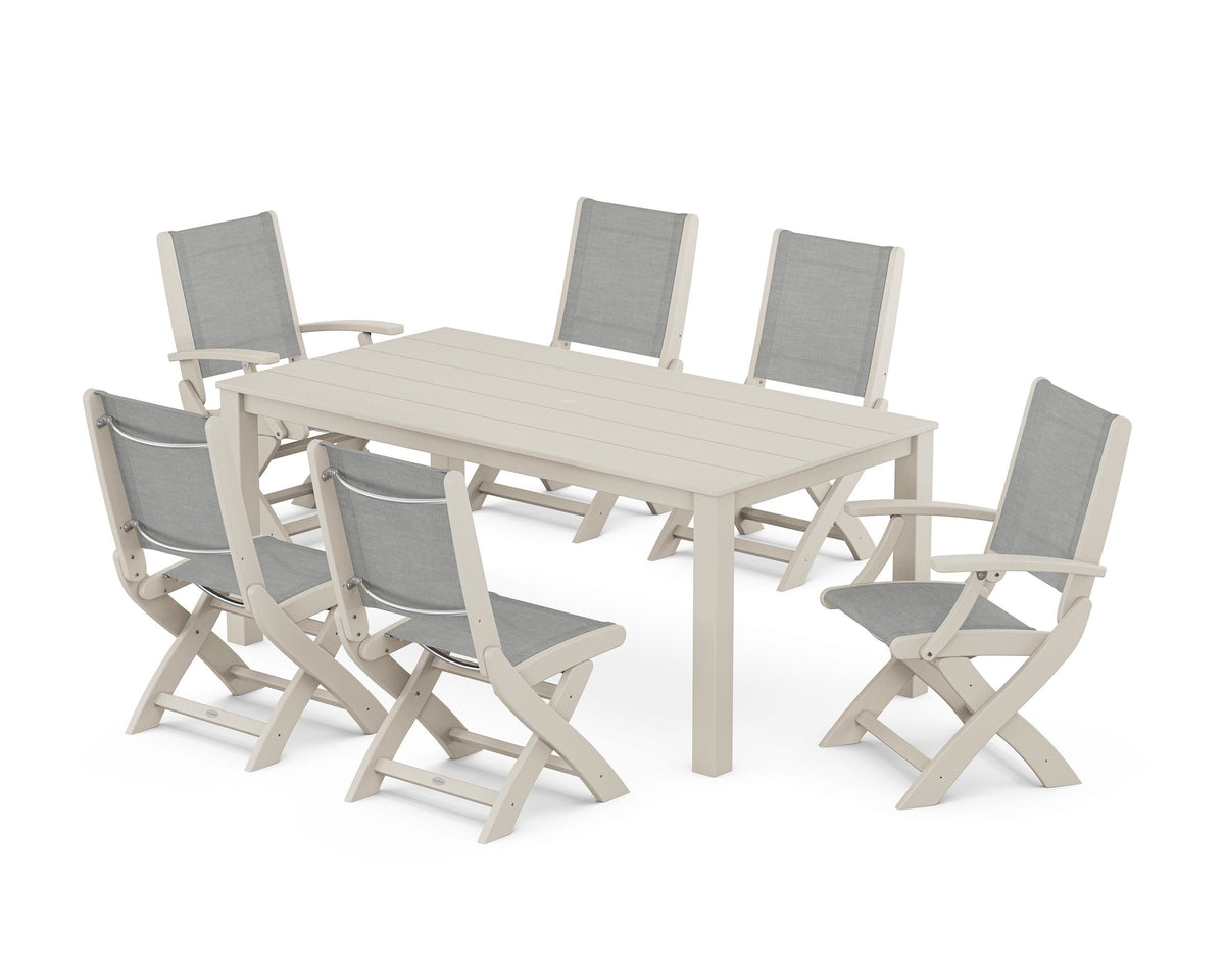 POLYWOOD Coastal Folding Chair 7-Piece Parsons Dining Set with Coastal Folding Side Chair in Sand / Metallic