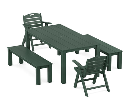 POLYWOOD Nautical Folding Lowback Chair 5-Piece Parsons Dining Set with Benches in Green