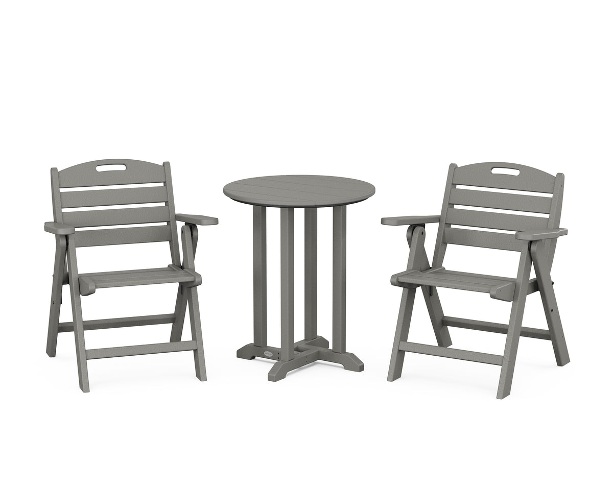 POLYWOOD Nautical Folding Lowback Chair 3-Piece Round Bistro Dining Set in Slate Grey