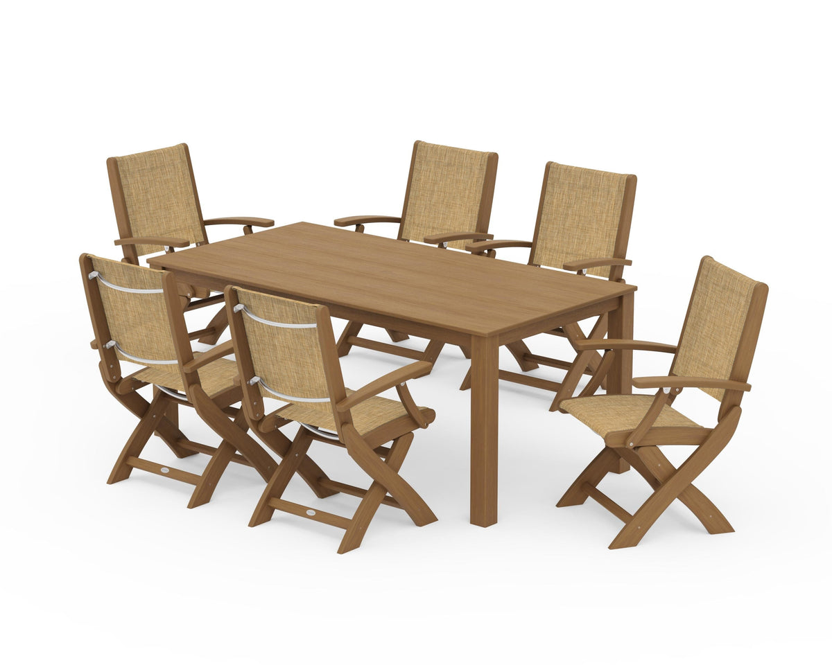 POLYWOOD Coastal Folding Chair 7-Piece Parsons Dining Set in Natural / Burlap