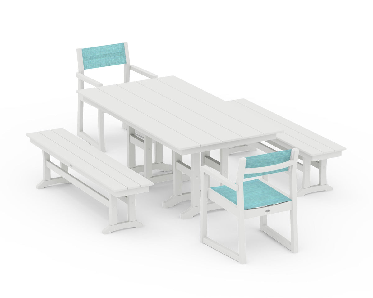 POLYWOOD EDGE Sling Arm Chair 5-Piece Farmhouse Dining Set with Benches in Vintage White / Dupioni Aquamarine