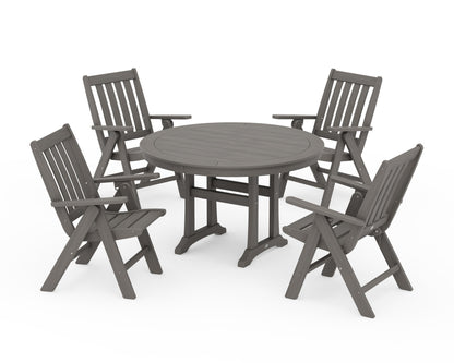 POLYWOOD Vineyard Folding Chair 5-Piece Round Dining Set with Trestle Legs in Driftwood