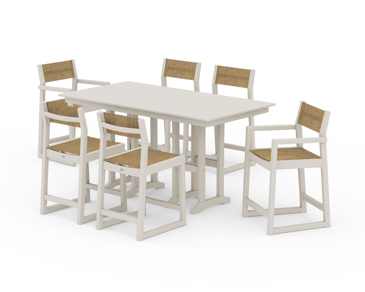 POLYWOOD EDGE Sling 7-Piece Farmhouse Counter Set with Trestle Legs in Sand / Burlap