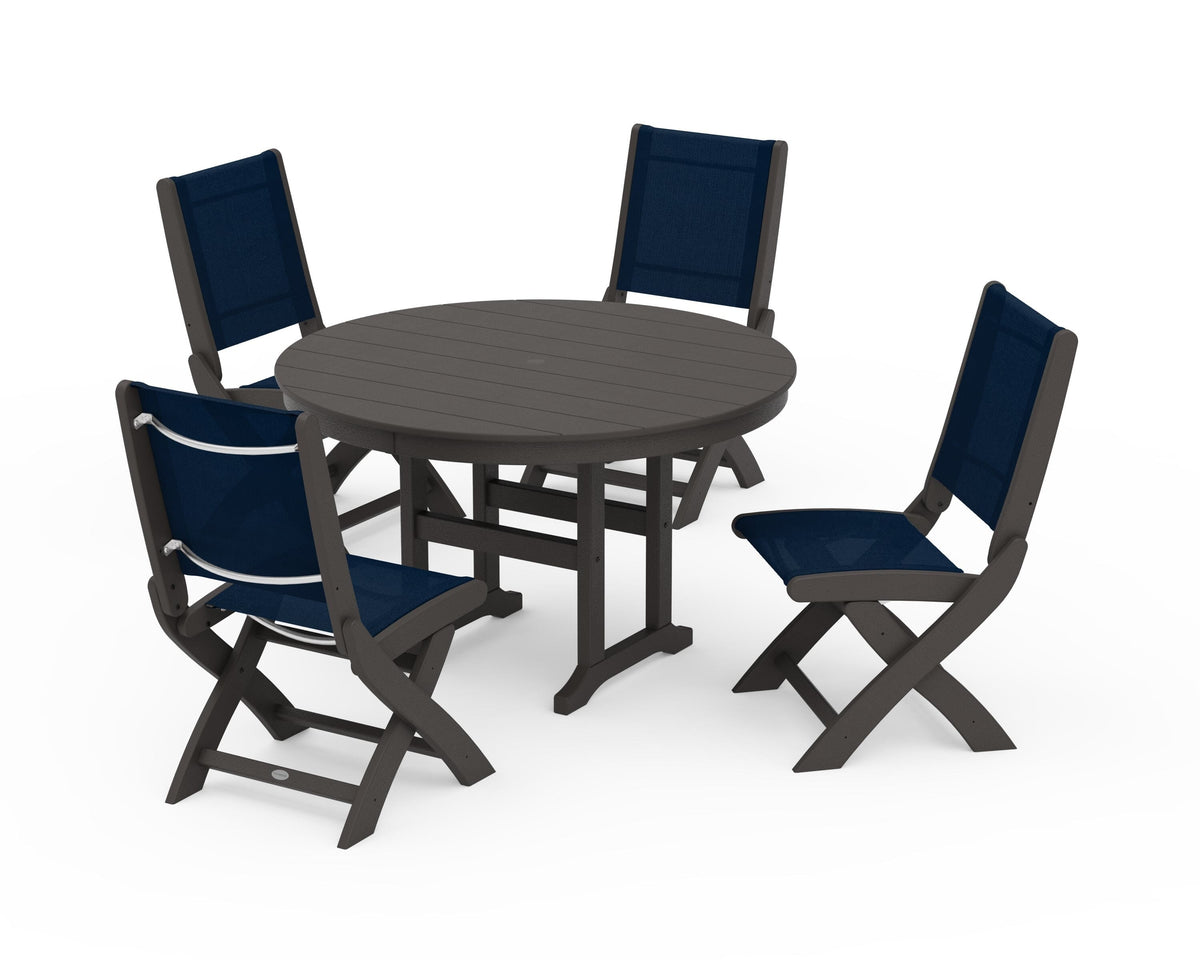 POLYWOOD Coastal Folding Side Chair 5-Piece Round Dining Set in Vintage Coffee / Navy Blue