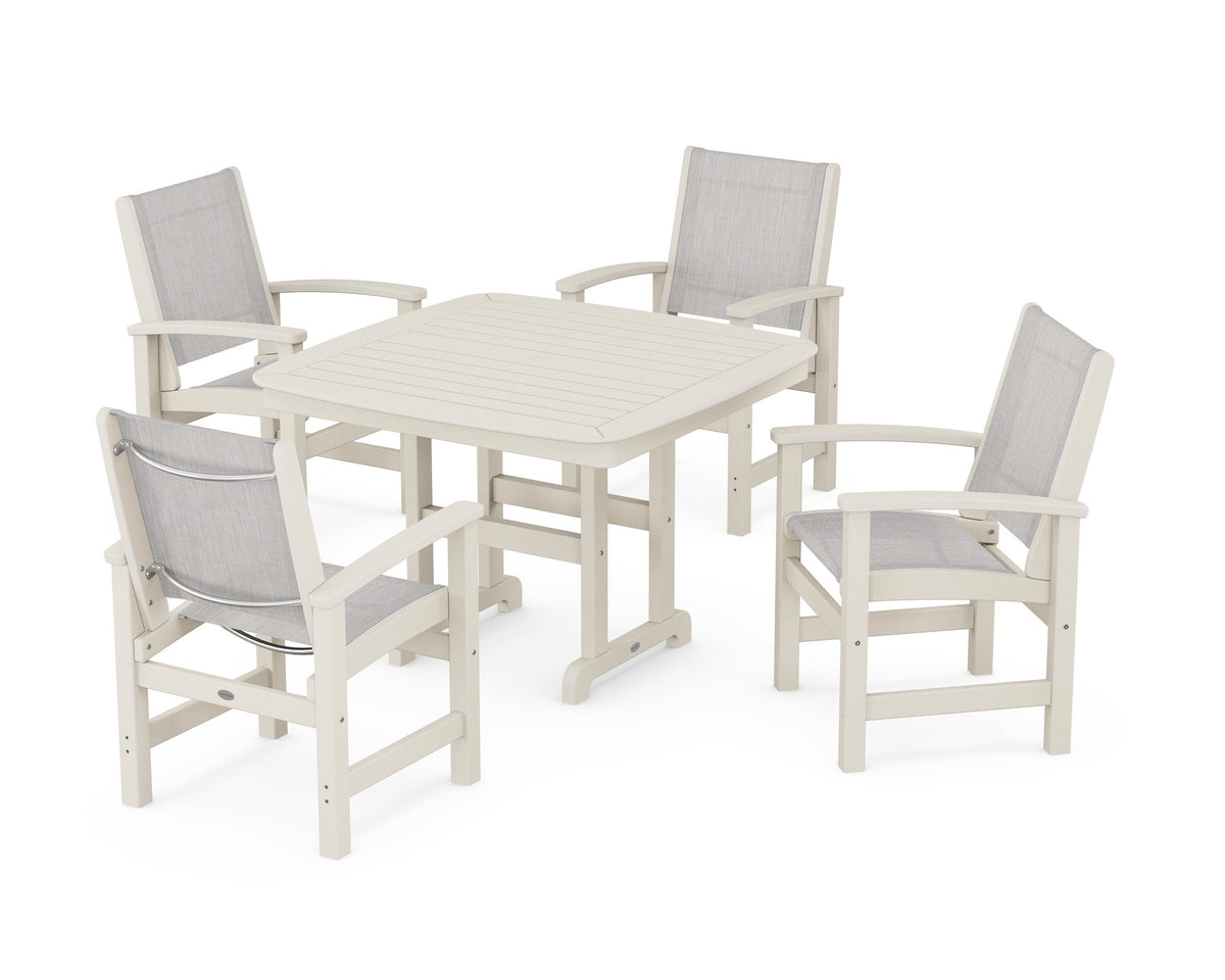 POLYWOOD Coastal 5-Piece Dining Set with Nautical 44" Dining Table in Sand / Parchment