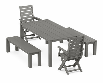 POLYWOOD Captain Folding Chair 5-Piece Parsons Dining Set with Benches in Slate Grey