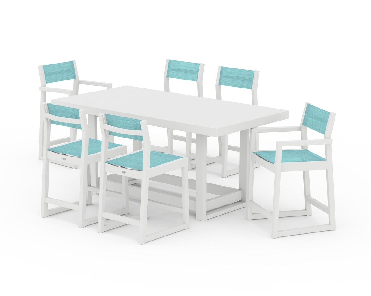 POLYWOOD EDGE Sling 7-Piece Counter Table Set in White / Dupioni Aquamarine