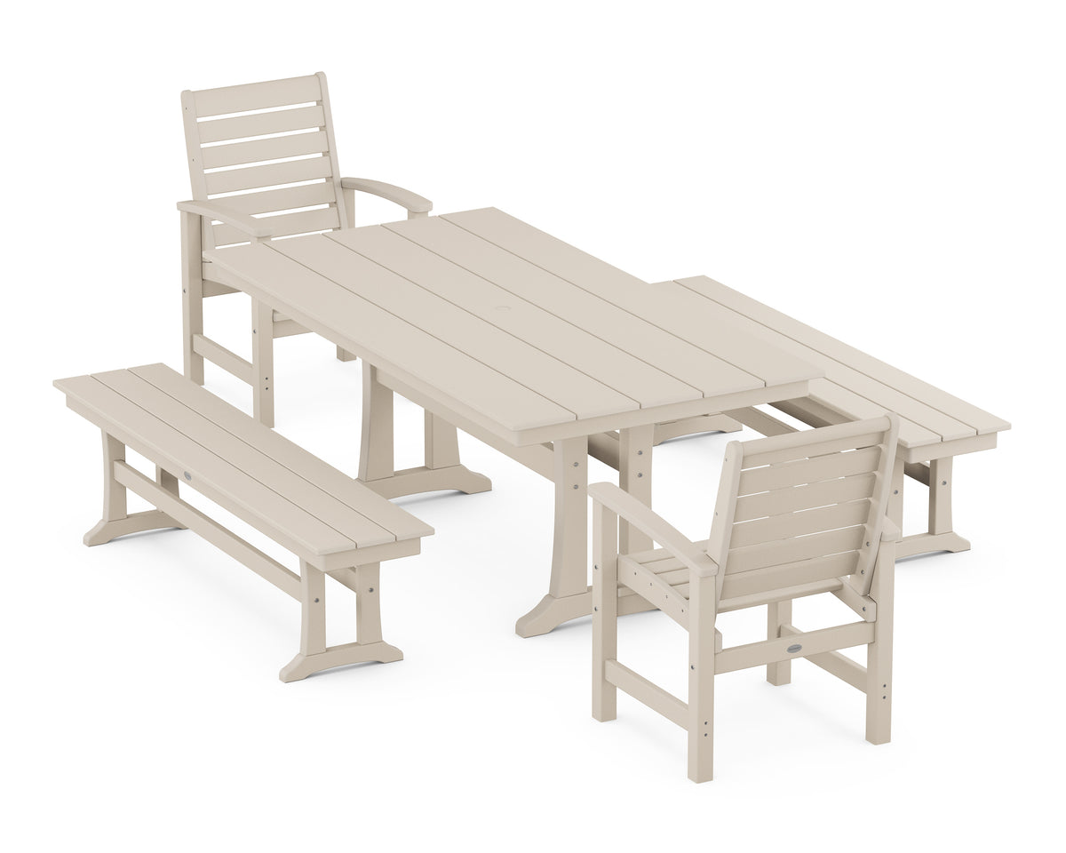 POLYWOOD Signature 5-Piece Farmhouse Dining Set with Trestle Legs - 37" x 72" Table in Sand