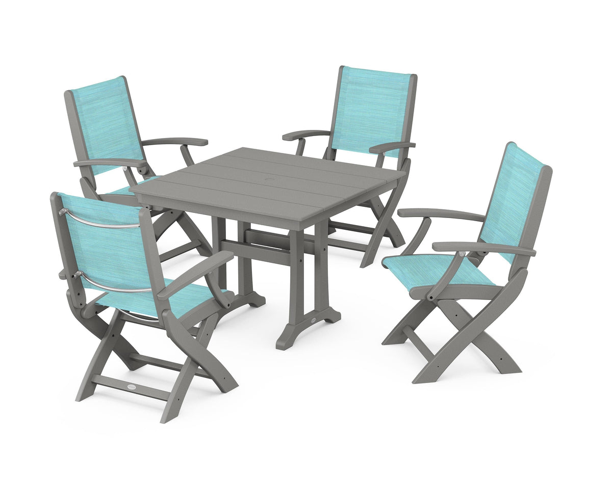 POLYWOOD Coastal Folding Chair 5-Piece Farmhouse Dining Set With Trestle Legs in Slate Grey / Dupioni Aquamarine