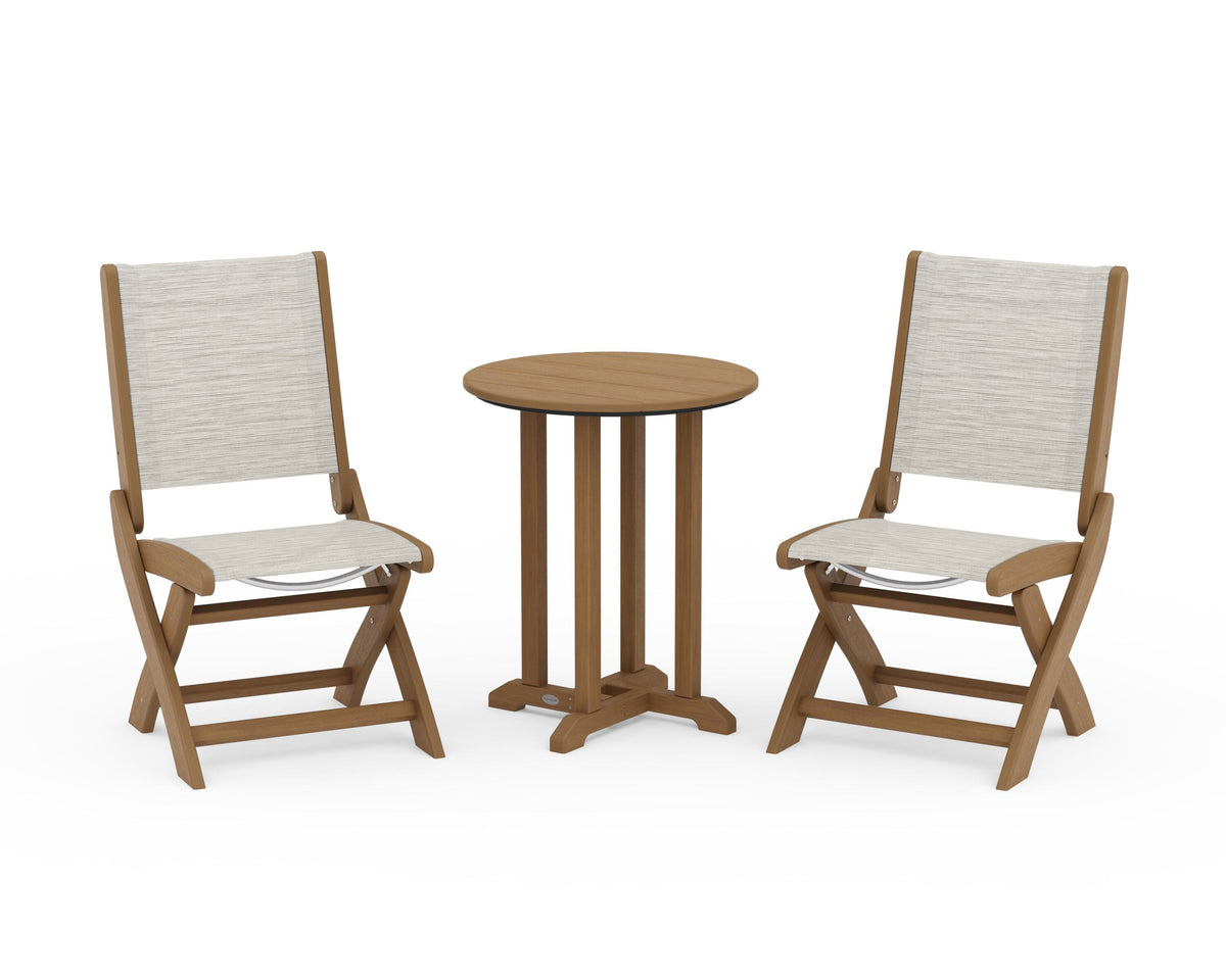 POLYWOOD Coastal Folding Side Chair 3-Piece Round Bistro Dining Set in Natural / Birch