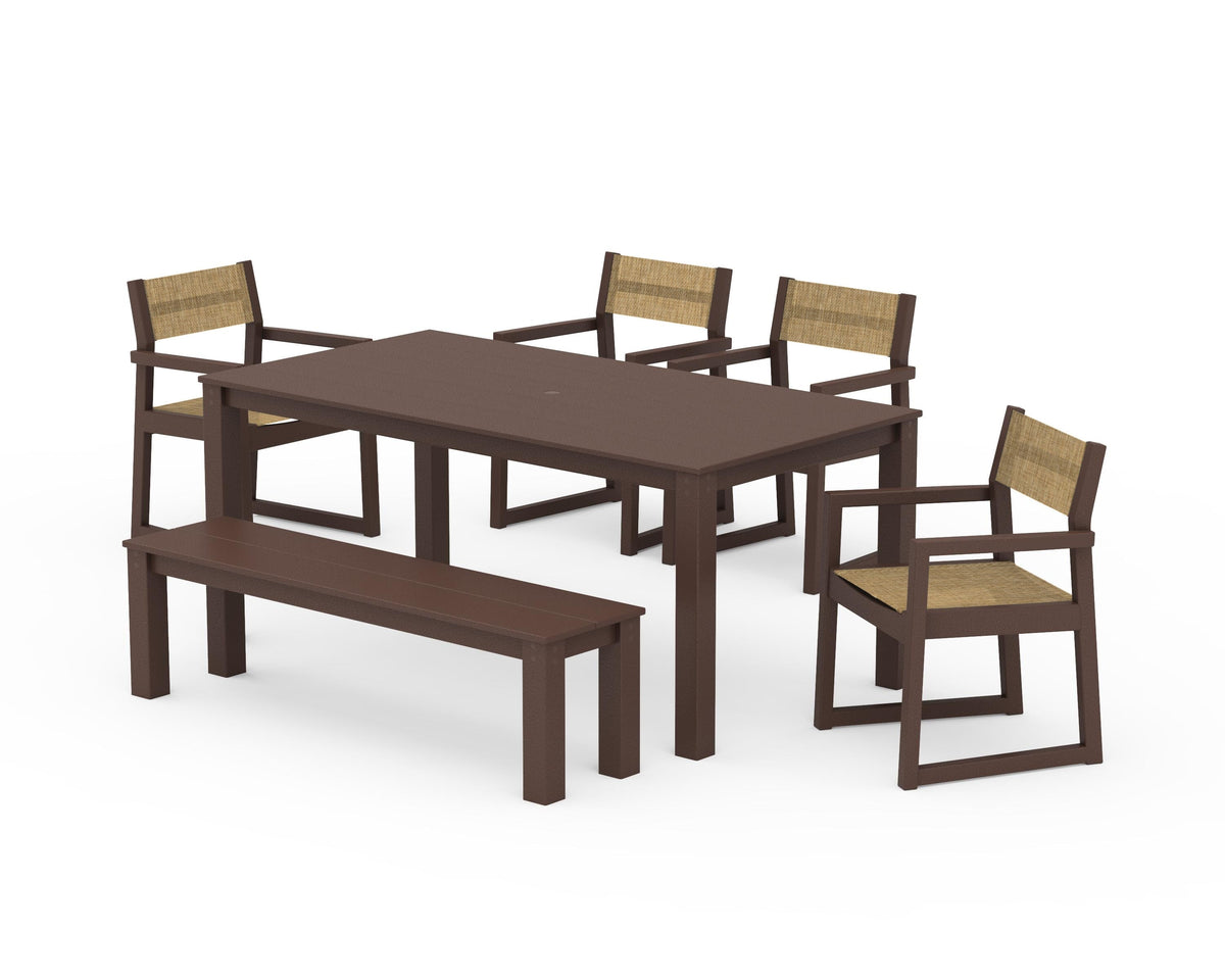 POLYWOOD EDGE Sling Arm Chair 6-Piece Parsons Dining Set with Bench in Mahogany / Burlap