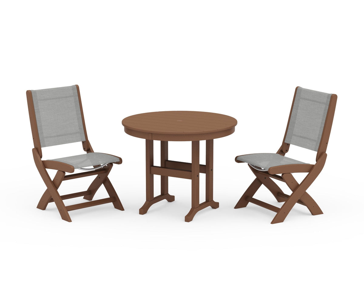 POLYWOOD Coastal Folding Side Chair 3-Piece Round Dining Set in Teak / Metallic