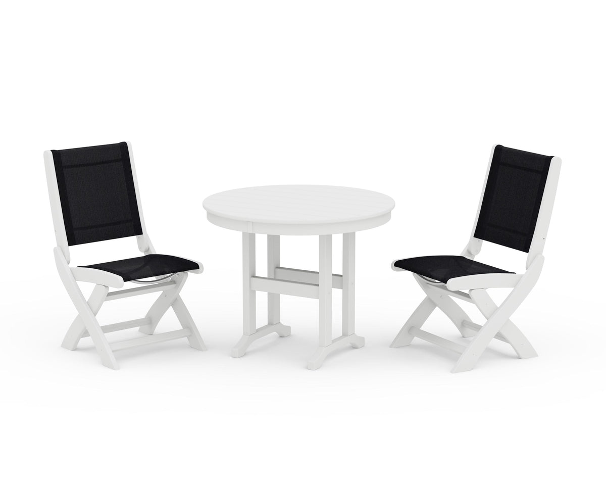 POLYWOOD Coastal Folding Side Chair 3-Piece Round Dining Set in White / Black