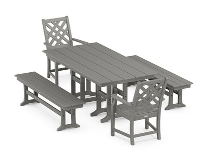 POLYWOOD Wovendale 5-Piece Farmhouse Dining Set with Benches in Slate Grey