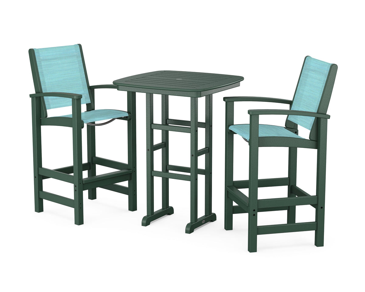 POLYWOOD Coastal 3-Piece Bar Set in Green / Dupioni Aquamarine