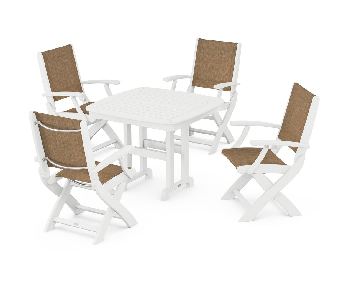 POLYWOOD Coastal Folding Chair 5-Piece Dining Set with Nautical 37" Dining Table in White / Burlap
