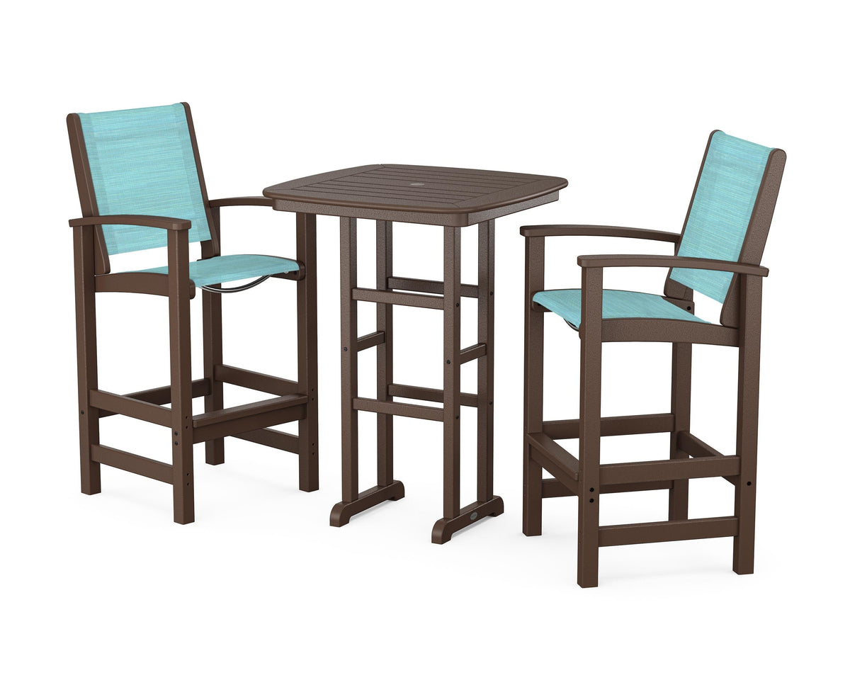 POLYWOOD Coastal 3-Piece Bar Set in Mahogany / Dupioni Aquamarine