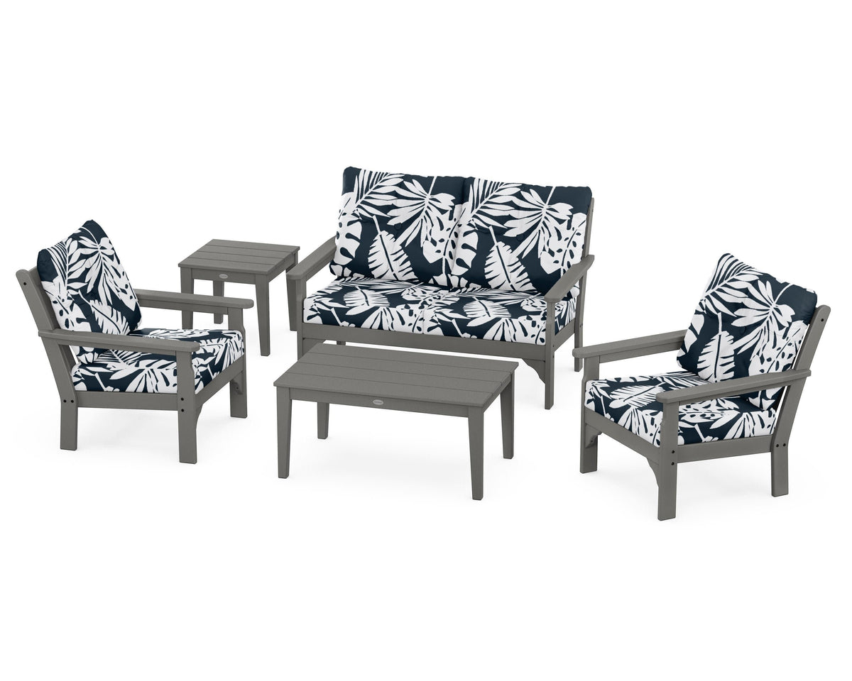 POLYWOOD Vineyard 5-Piece Deep Seating Set with Two Chairs and Loveseat in Slate Grey / Leaf Marine Indigo