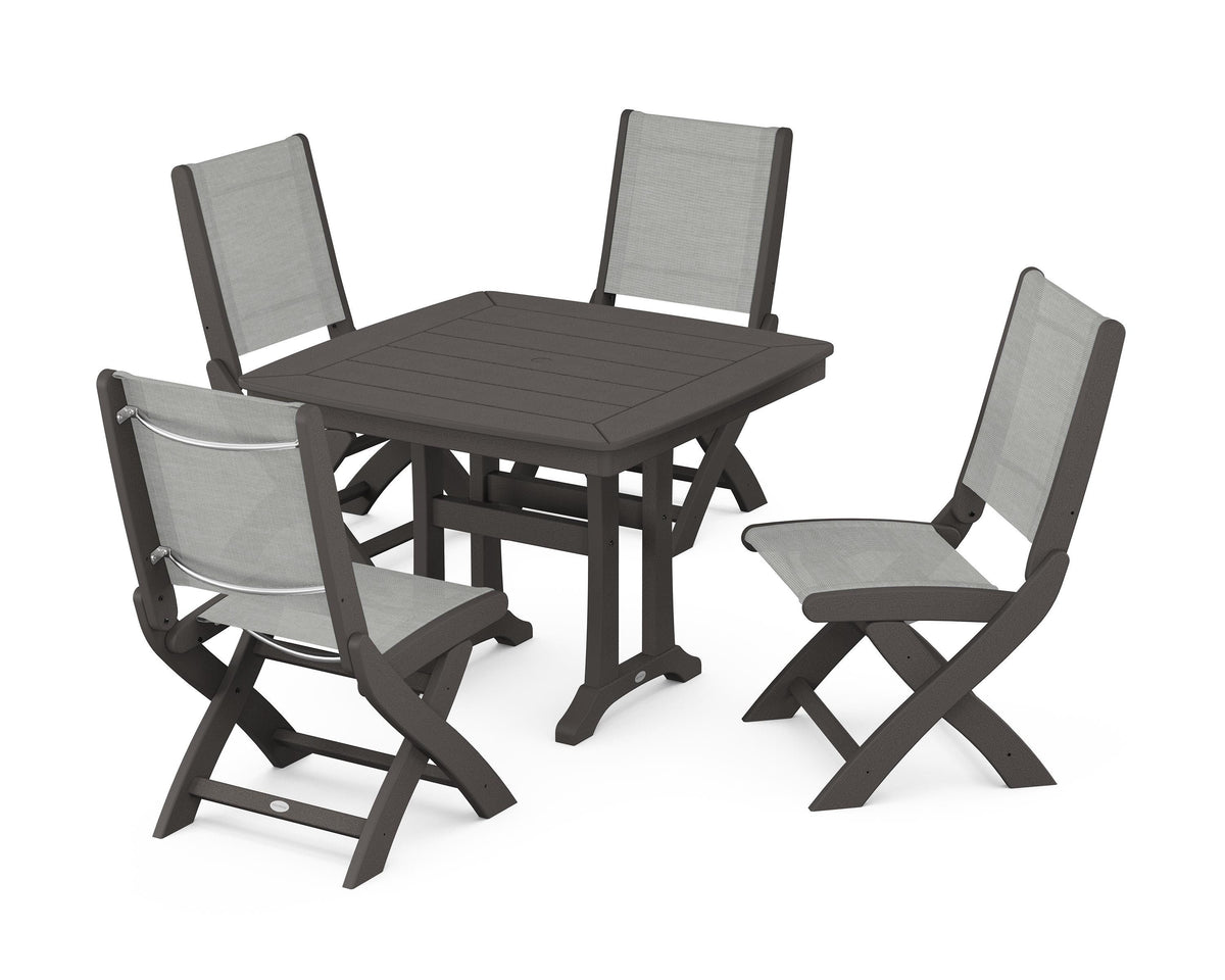 POLYWOOD Coastal Folding Side Chair 5-Piece Dining Set with Trestle Legs in Vintage Coffee / Metallic