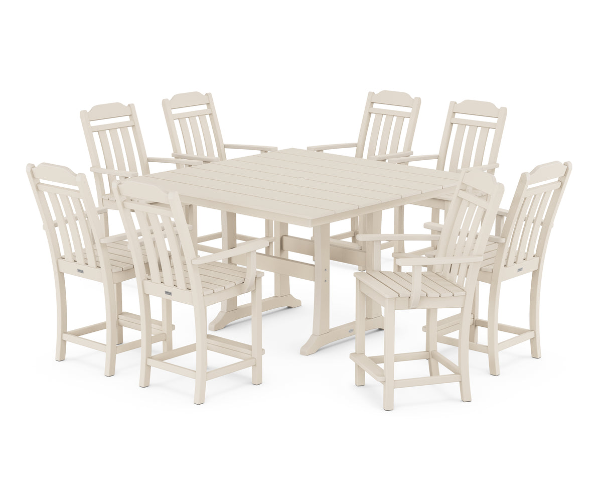 POLYWOOD Country Living Cottage 9-Piece Square Farmhouse Counter Set with Trestle Legs in Sand