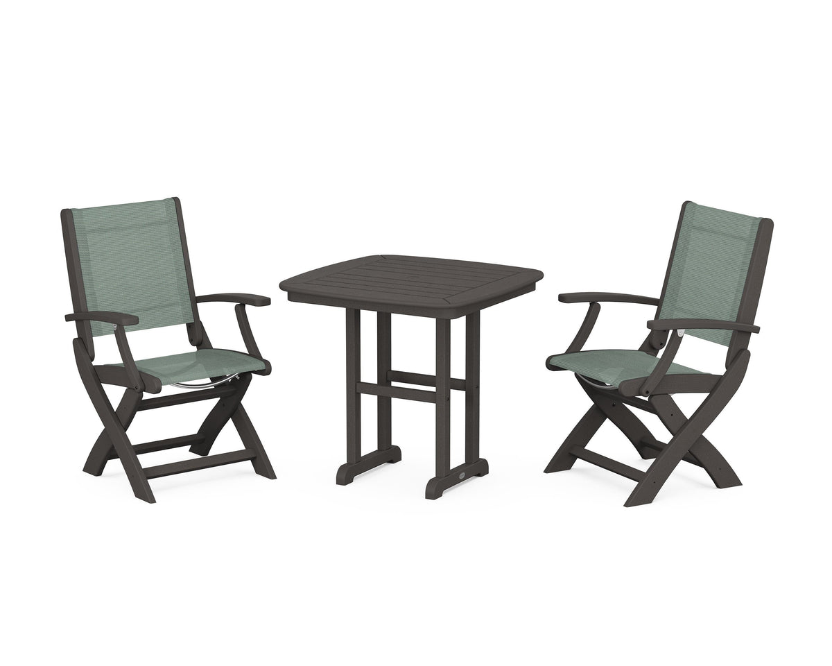 POLYWOOD Coastal Folding Chair 3-Piece Dining Set in Vintage Coffee / Dupioni Sea Mist