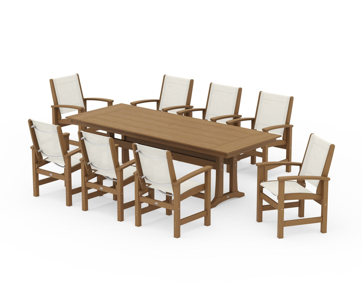 POLYWOOD Coastal 9-Piece Farmhouse Dining Set with Trestle Legs in Natural / Parchment