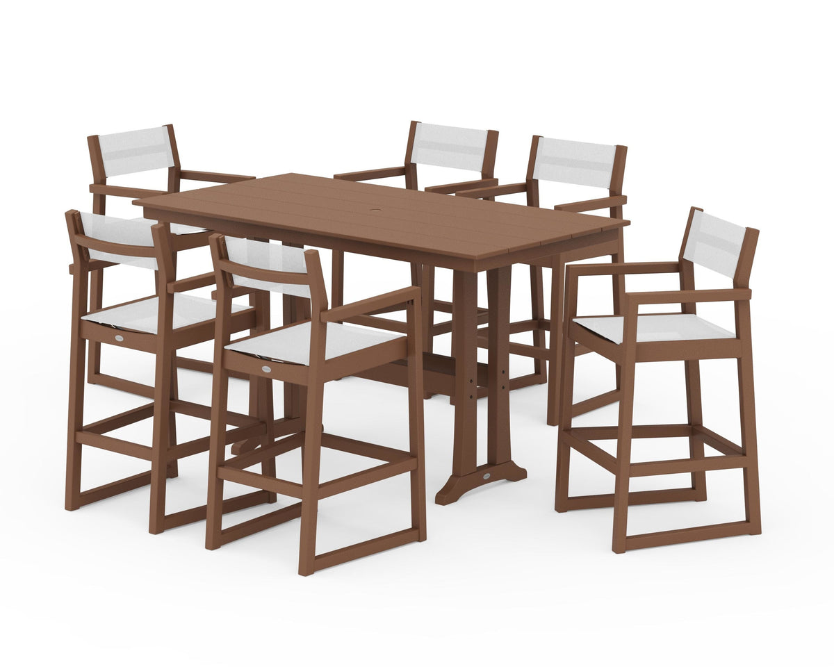 POLYWOOD EDGE Sling Arm Chair 7-Piece Farmhouse Bar Set with Trestle Legs in Teak / White