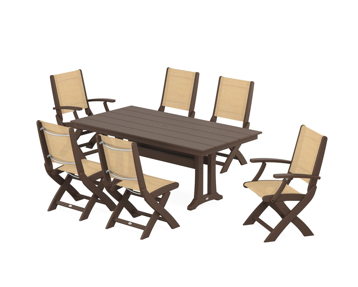 POLYWOOD Coastal Folding Chair 7-Piece Farmhouse Dining Set with Trestle Legs in Mahogany / Dupioni Apricot