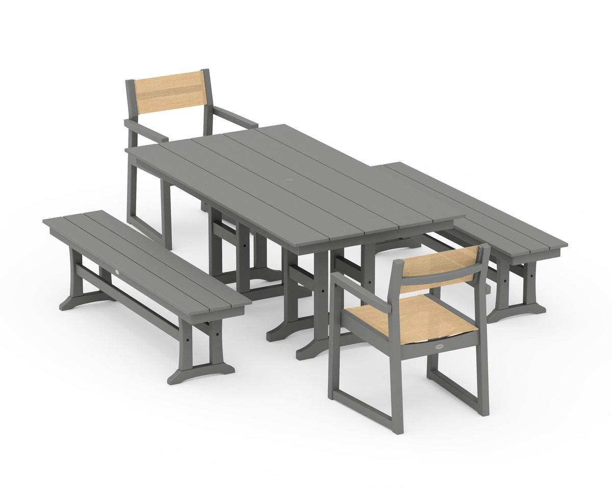 POLYWOOD EDGE Sling Arm Chair 5-Piece Farmhouse Dining Set with Benches in Slate Grey / Dupioni Apricot