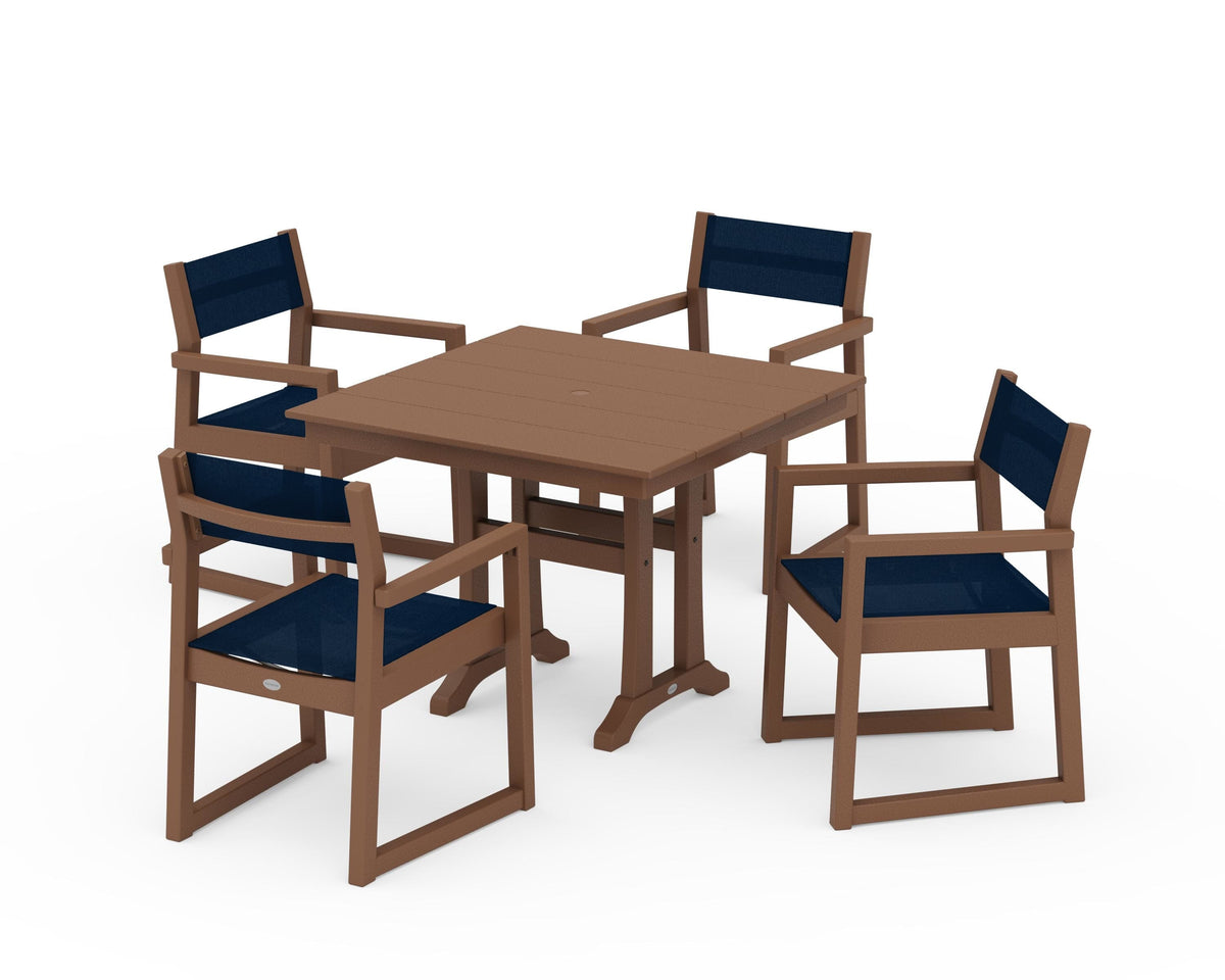 POLYWOOD EDGE Sling 5-Piece Farmhouse Dining Set with Trestle Legs in Teak / Navy Blue