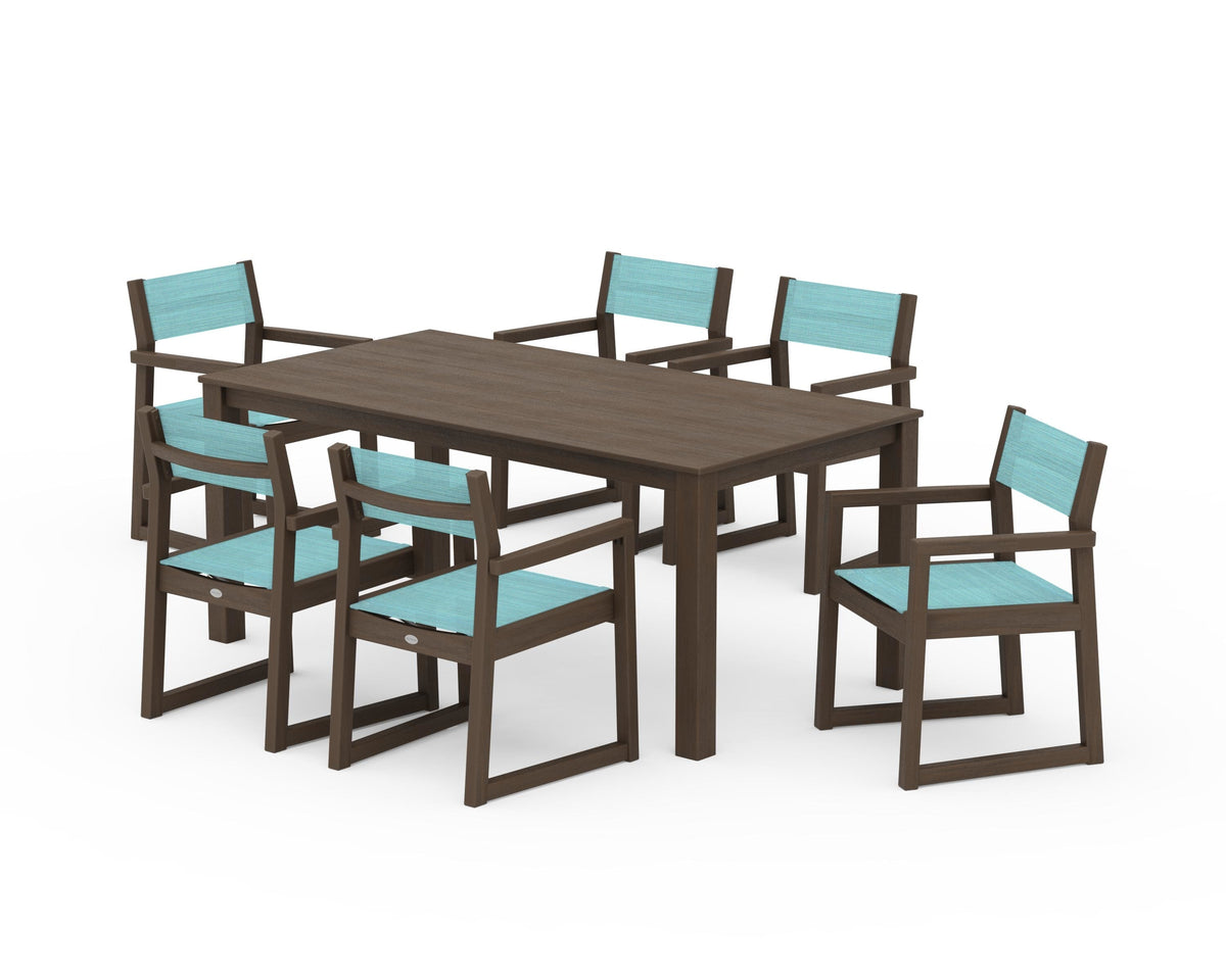 POLYWOOD EDGE Sling Arm Chair 7-Piece Parsons Dining Set in Kona / Dupioni Aquamarine