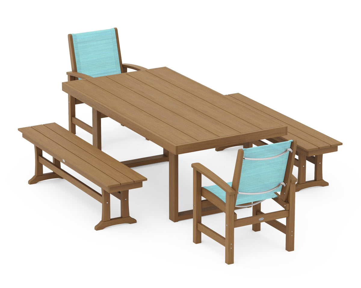 POLYWOOD Coastal 5-Piece Dining Set with Trestle Legs with EDGE 40" x 78" Dining Table in Natural / Dupioni Aquamarine
