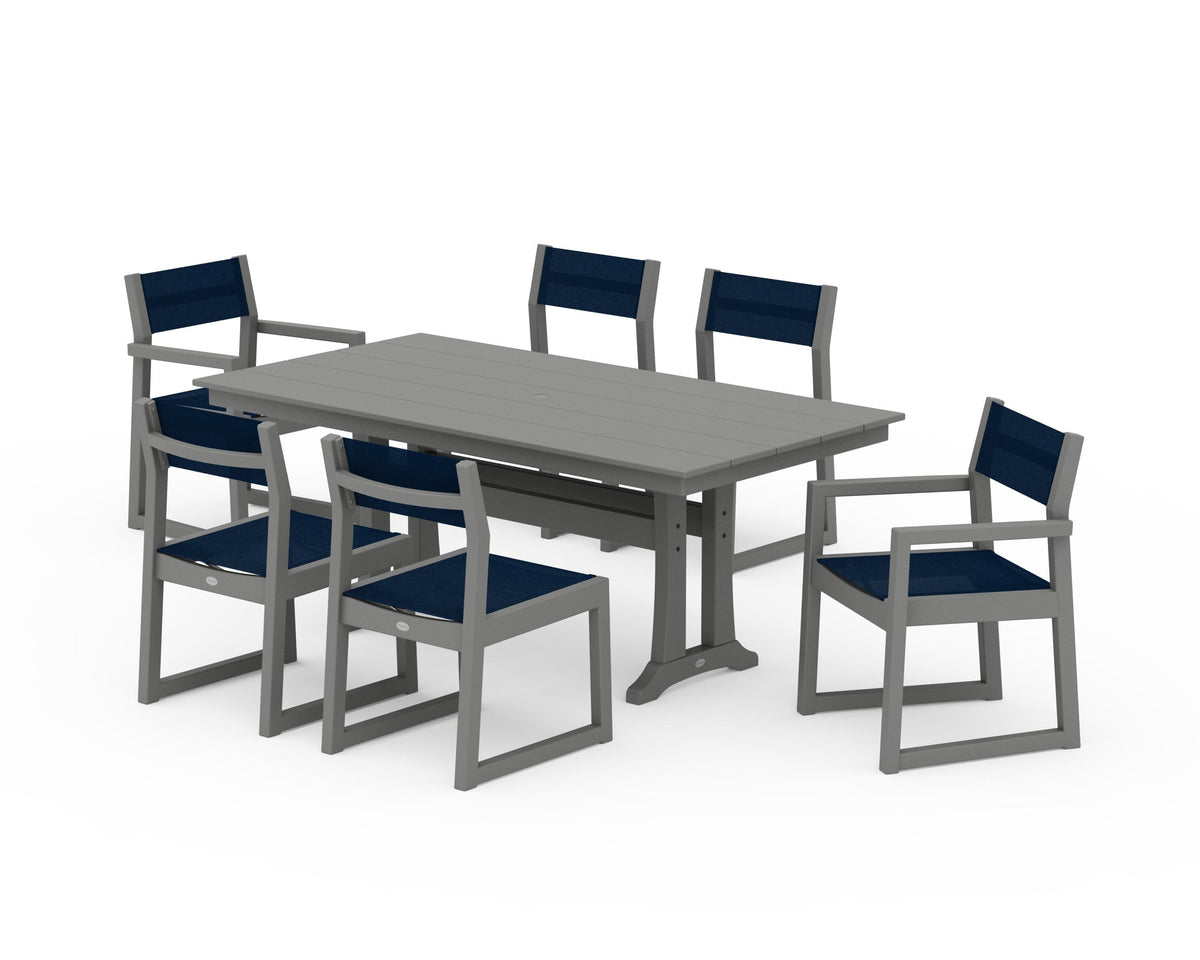 POLYWOOD EDGE Sling 7-Piece Farmhouse Trestle Dining Set in Slate Grey / Navy Blue