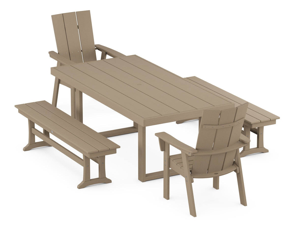 POLYWOOD Modern Curveback Adirondack 5-Piece Dining Set with Benches - 39" x 78" Table in Vintage Sahara
