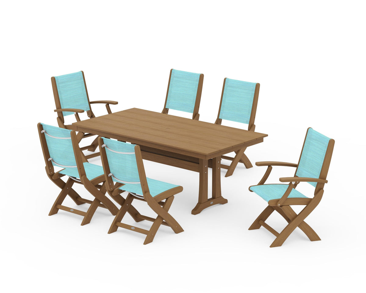POLYWOOD Coastal Folding Chair 7-Piece Farmhouse Dining Set with Trestle Legs in Natural / Dupioni Aquamarine