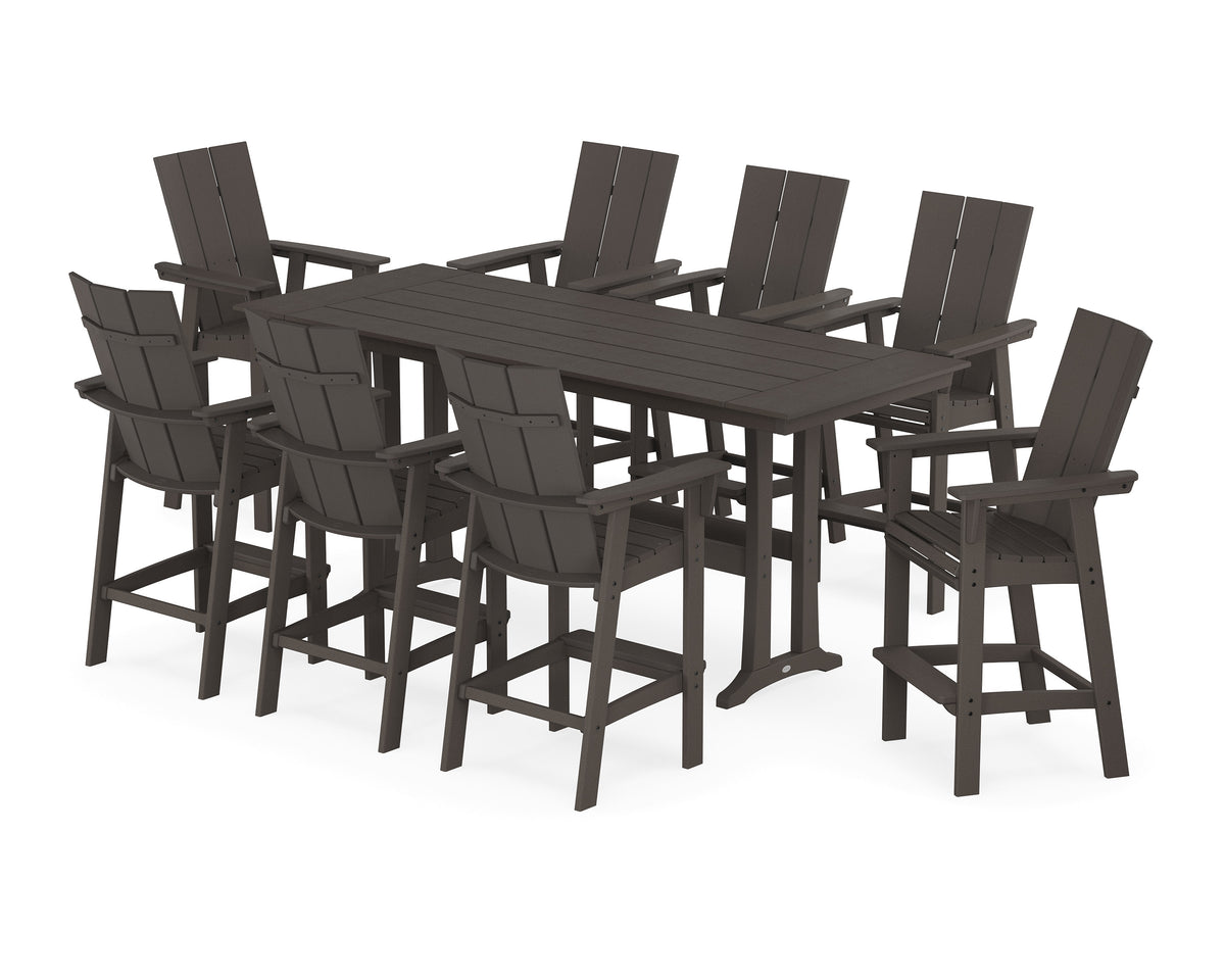 POLYWOOD Modern Curveback Adirondack 9-Piece Farmhouse Bar Set with Trestle Legs in Vintage Coffee