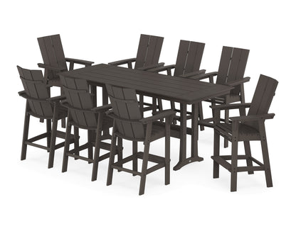 POLYWOOD Modern Curveback Adirondack 9-Piece Farmhouse Bar Set with Trestle Legs in Vintage Coffee