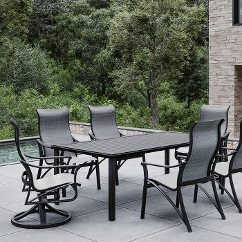 Tropitone Corsica Sling Dining and Swivel Dining Chair with Rectangular Umbrella Table